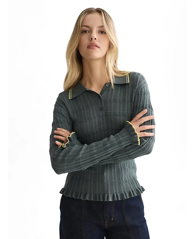 Scotch & Soda Women's Long-Sleeve Ripple Stitch Polo-Neck Ruffle-Trim Pullover