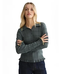 Scotch & Soda Women's Long-Sleeve Ripple Stitch Polo-Neck Ruffle-Trim Pullover