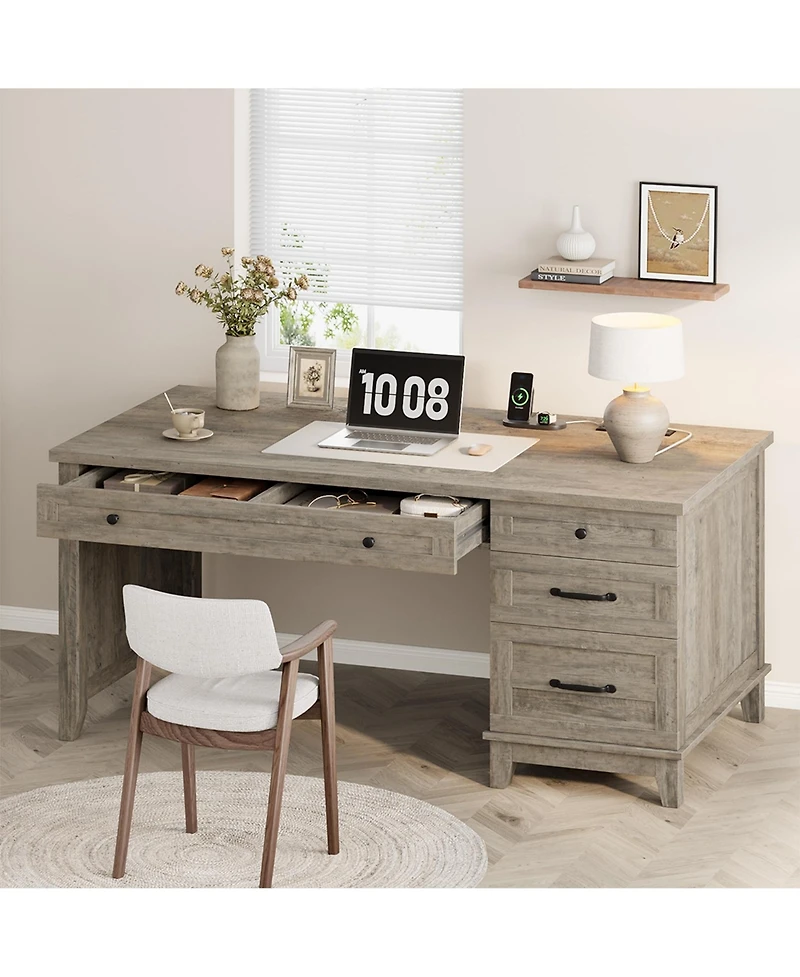 homfan Farmhouse Wood Home Office Desk with Drawers – 53.5" Executive Writing Table Built-in Power Outlets, Adjustable File Cabinet