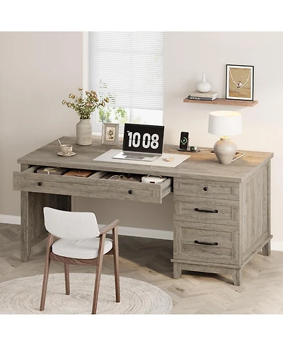 homfan Farmhouse Wood Home Office Desk with Drawers – 53.5" Executive Writing Table Built-in Power Outlets, Adjustable File Cabinet