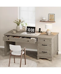 homfan Farmhouse Wood Home Office Desk with Drawers – 53.5" Executive Writing Table Built-in Power Outlets, Adjustable File Cabinet