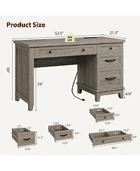 homfan Farmhouse Wood Home Office Desk with Drawers – 53.5" Executive Writing Table Built-in Power Outlets, Adjustable File Cabinet