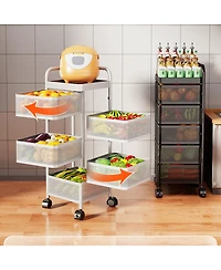 gaomon 5-Tier Thickened Carbon Steel Rotating Kitchen Storage Cart with Wheels, Mobile Utility Rack with Top Lid, Fruit Vegetable Basket, No Assembly