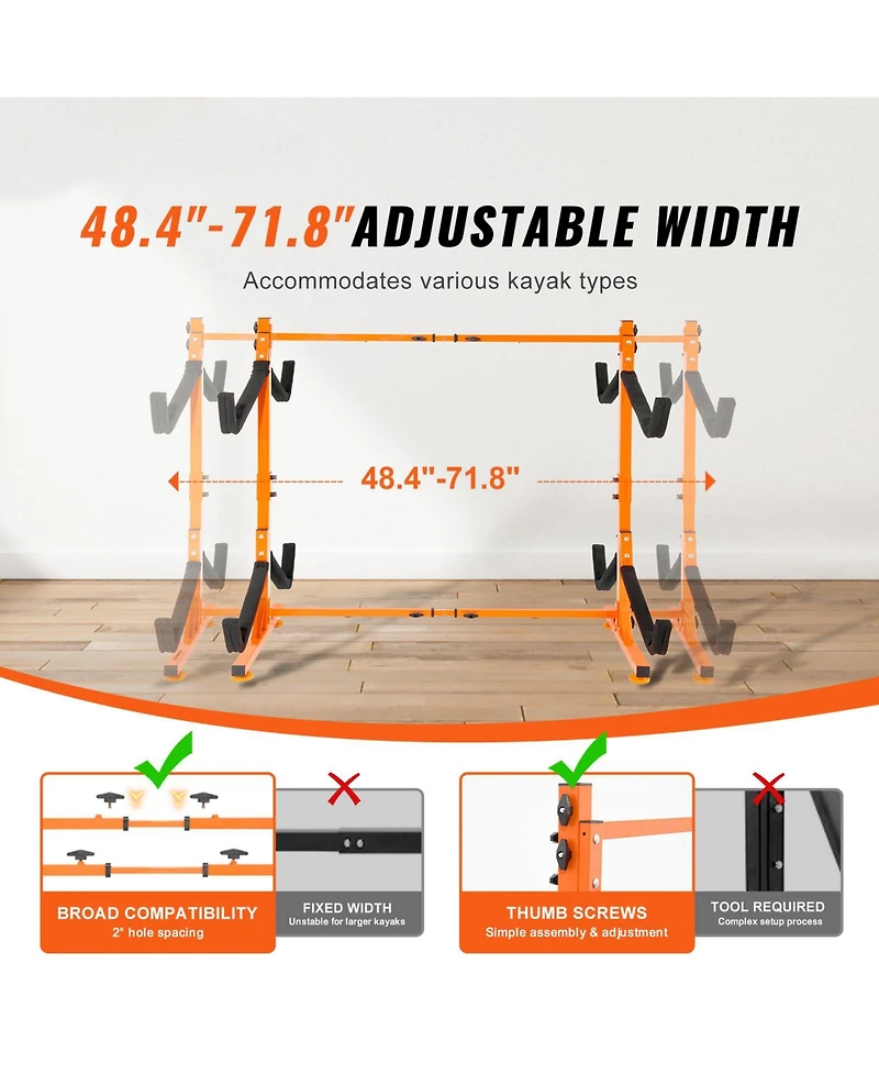 Sevorley Freestanding Kayak Storage Rack, Steel 4-Kayak Stand with Padded Adjustable Arms, 220 lb Capacity