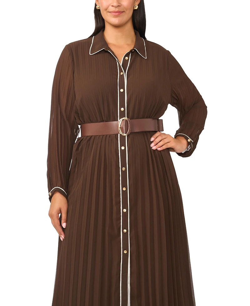 Vince Camuto Plus Pleated Button-Up Long Sleeve Midi Dress