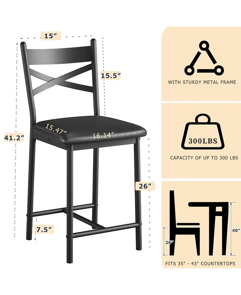 homfan Set of 2 Bar Stools Counter Height Pu Upholstered Seat Metal Frame Kitchen Bar Chairs with X-Design Back and Footrest for Island Counter