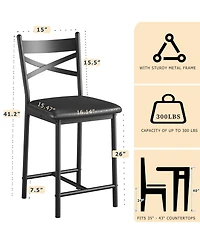 homfan Set of 2 Bar Stools Counter Height Pu Upholstered Seat Metal Frame Kitchen Bar Chairs with X-Design Back and Footrest for Island Counter