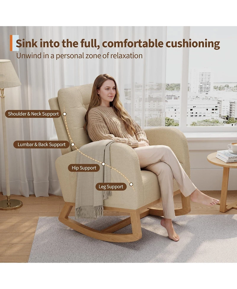 homfan Nursery Rocking Chair Modern Ergonomic High Back with Adjustable Footrest Soft Fleece Upholstered Sturdy Wooden Legs Glider Armchair