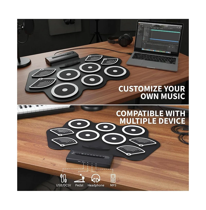 homfan Roll-Up Electronic Drum Kit Bluetooth Midi 9-Pad, Ages 10+