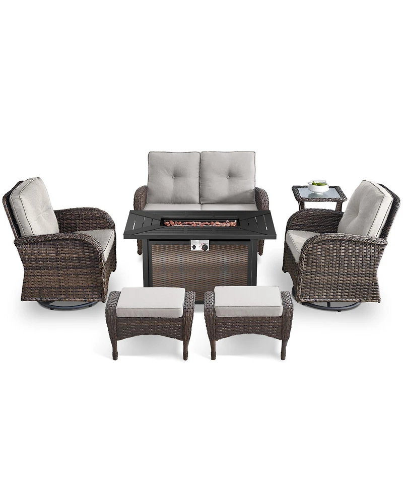 Bellefurn 7-Piece Outdoor Wicker Fire Pit Conversation Set for Cozy Stargazing Nights with Glider Loveseat, Swivel Rocking Chairs and Ottomans