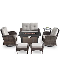 Bellefurn 7-Piece Outdoor Wicker Fire Pit Conversation Set for Cozy Stargazing Nights with Glider Loveseat, Swivel Rocking Chairs and Ottomans