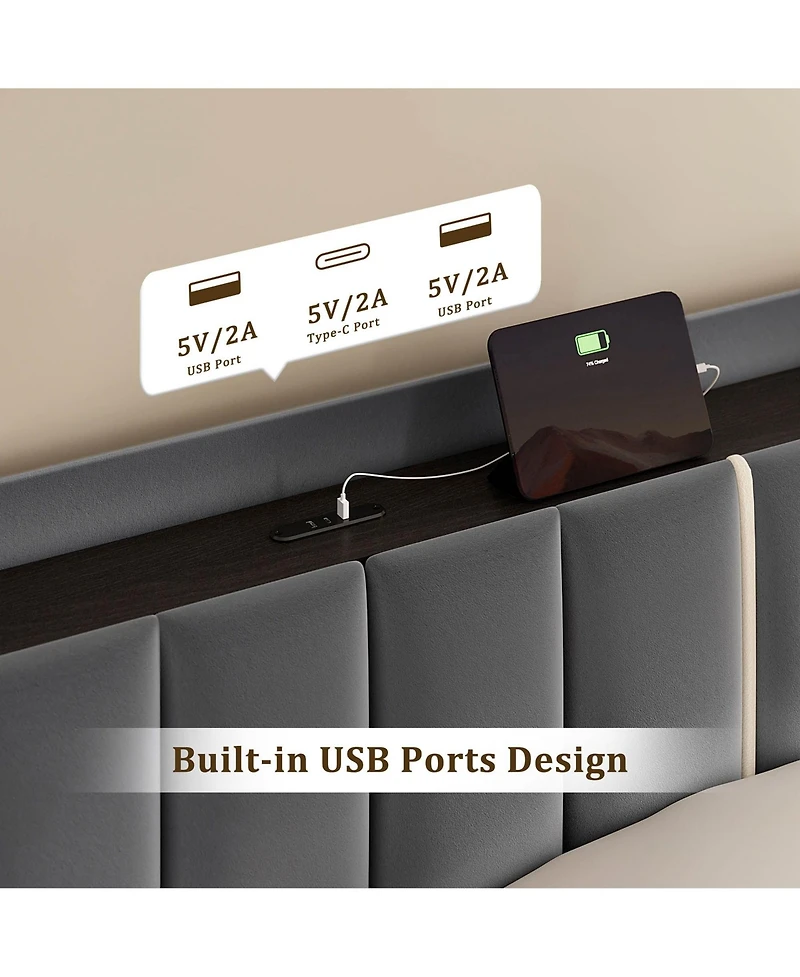Hausource Upholstered Bed, Open Storage Headboard with Charging Ports, 2 Bed Base Drawers