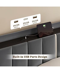 Hausource Upholstered Bed, Open Storage Headboard with Charging Ports, 2 Bed Base Drawers