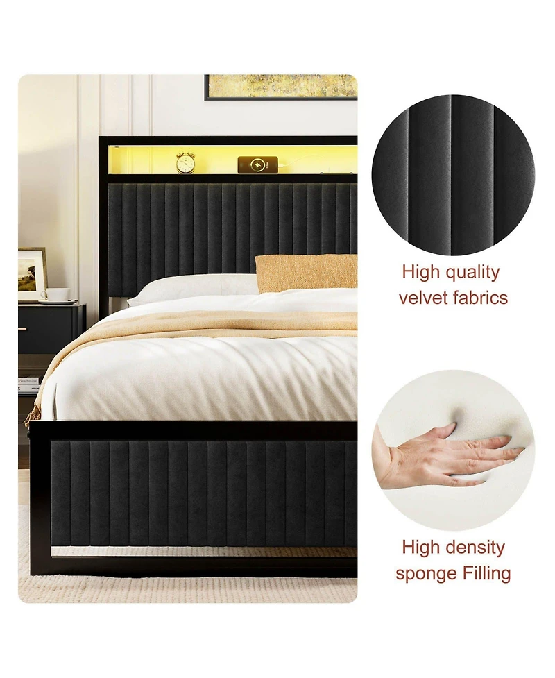 Hausource Full Velvet Upholstered Platform Bed, Movable Drawers, Dimmable Led and Usb-c Charging Hub, No Box Spring Needed