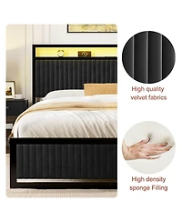 Hausource Full Velvet Upholstered Platform Bed, Movable Drawers, Dimmable Led and Usb-c Charging Hub, No Box Spring Needed