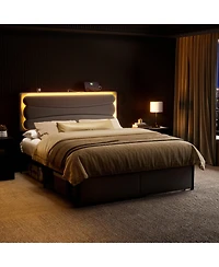 Hausource Velvet Upholstered Bed, Adjustable Height Headboard, 2 Storage Drawers, Led Light and Charging Ports