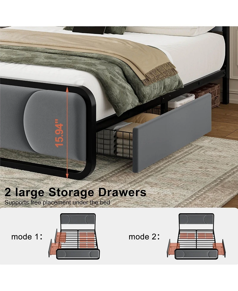 Hausource Curved Tufted Velvet Platform Bed, 4-Position Movable Drawers, Bedside Charging Station