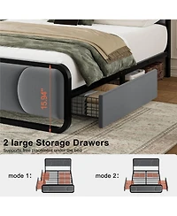 Hausource Curved Tufted Velvet Platform Bed, 4-Position Movable Drawers, Bedside Charging Station