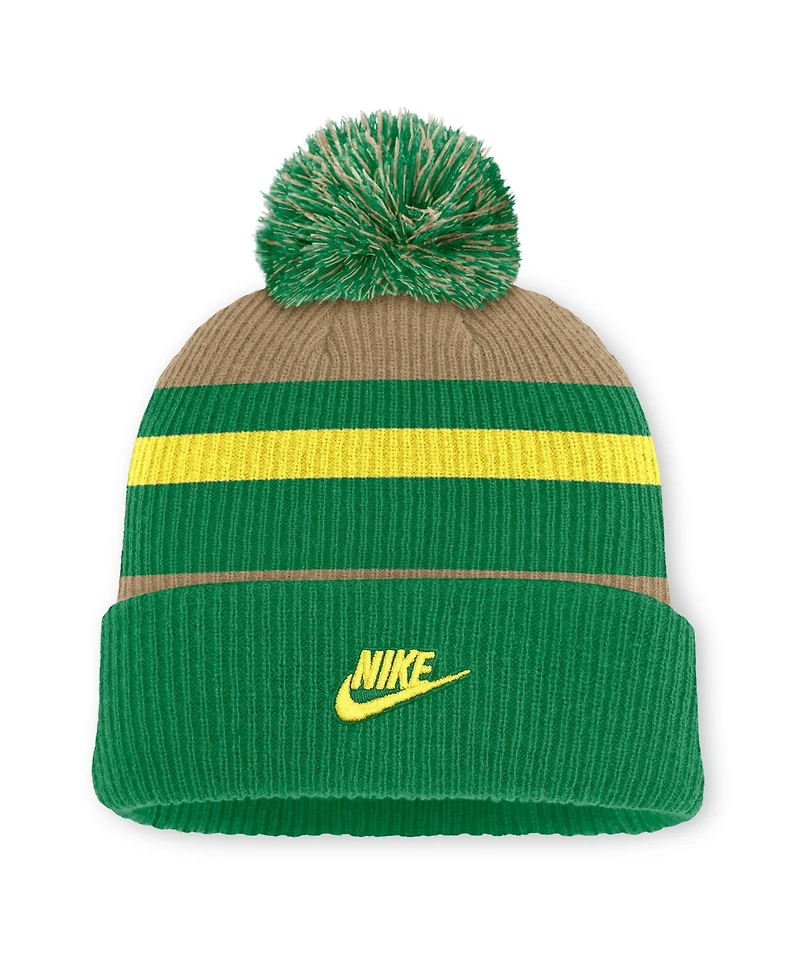 Men's and Women's Nike Green/Beige Oregon Ducks Legacy Striped Cuffed Knit Hat with Pom