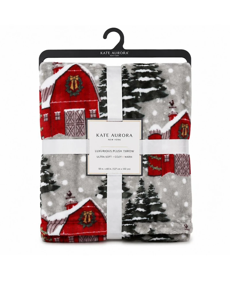 Kate Aurora Ultra Soft & Cozy Christmas Gray Snowy Barn Plush Accent Throw Blanket Cover