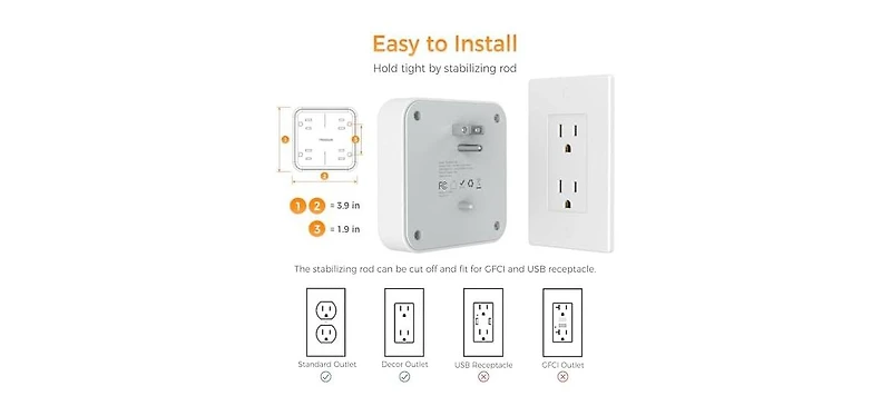 Tessan Wall Outlet Extender with 4 Outlet, 2 Usb C, 22V for Home, Office and Travel
