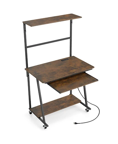 Sugift Small Rolling Computer Desk with Charging Station and Led Lights