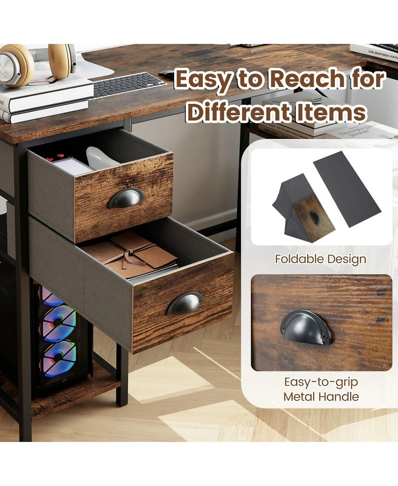Sugift L-Shaped Corner Computer Desk with Charging Station and 2 Fabric Drawers