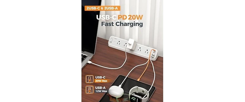 Tessan PS06 Surge Protector Desk Clamp 10-Foot Power Strip with 5 Outlets and 2 Usb-c Ports for phones, tablets and personal devices