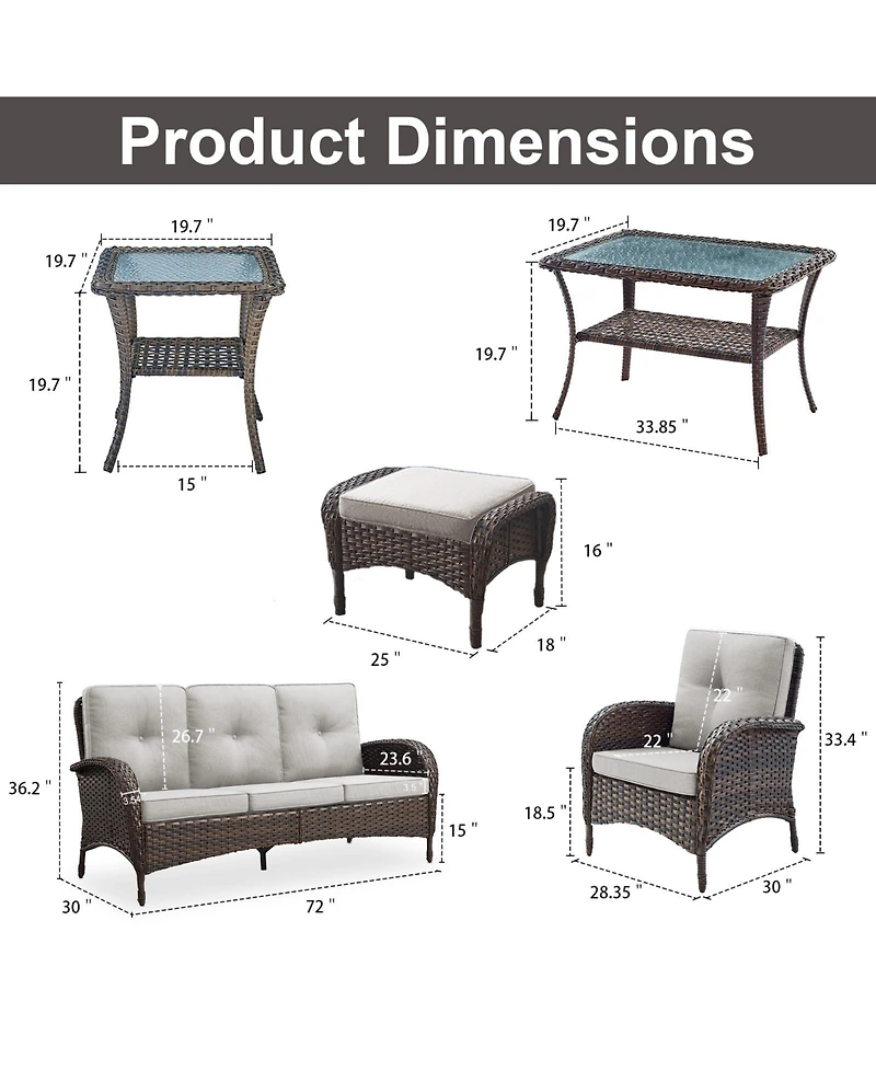 Bellefurn 7-Piece Outdoor Wicker Patio Family Gatherings Conversation Set with 3-Seater Sofa, Arm Chairs and Ottomans