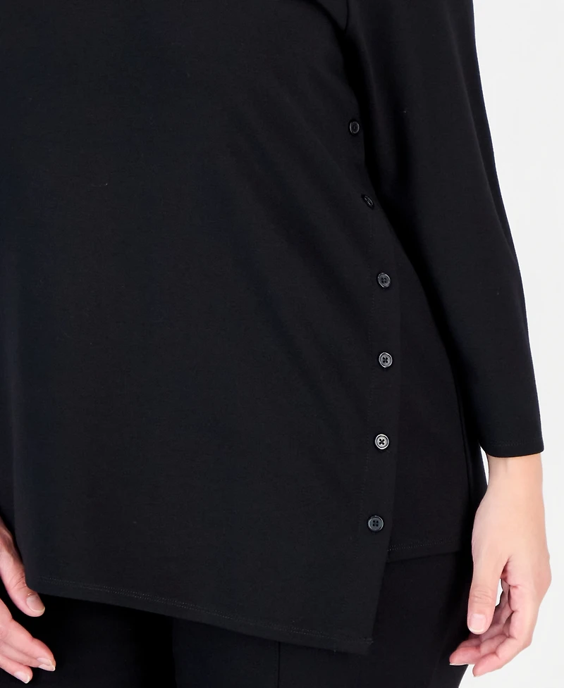 Anne Klein Essentials Plus Asymmetrical Button Serenity Knit 3/4-Sleeve Boat-Neck Tunic