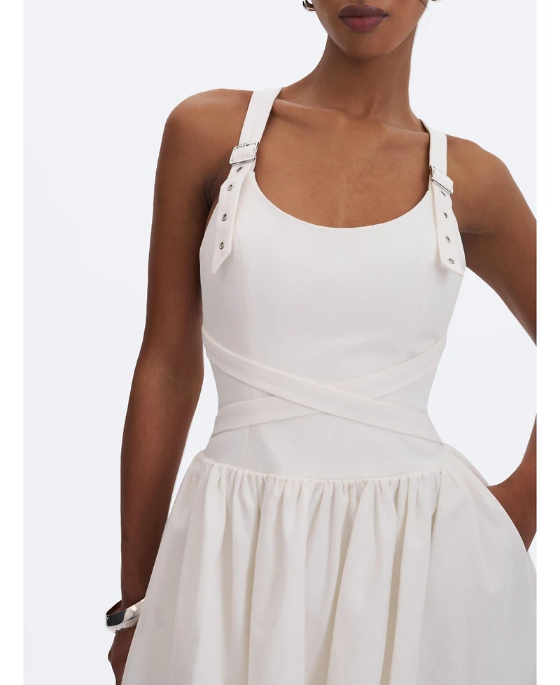 Miss Circle Women's Francine White Cotton Denim Crossover Strap Mini Dress