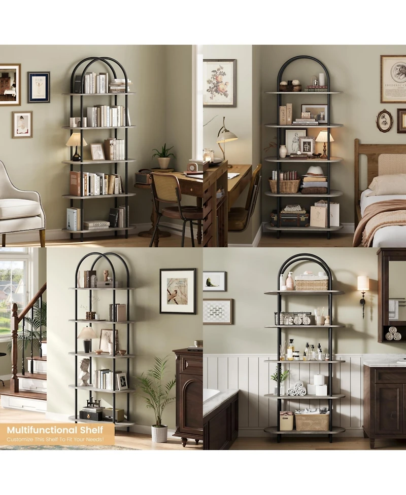 31.5 x 12 x 71 Inch 2-Pack Arched Bookshelf 5-Tier Bookcase, Iron Frame Engineered Wood Shelves for Living Room Office, Black Graphite Gray