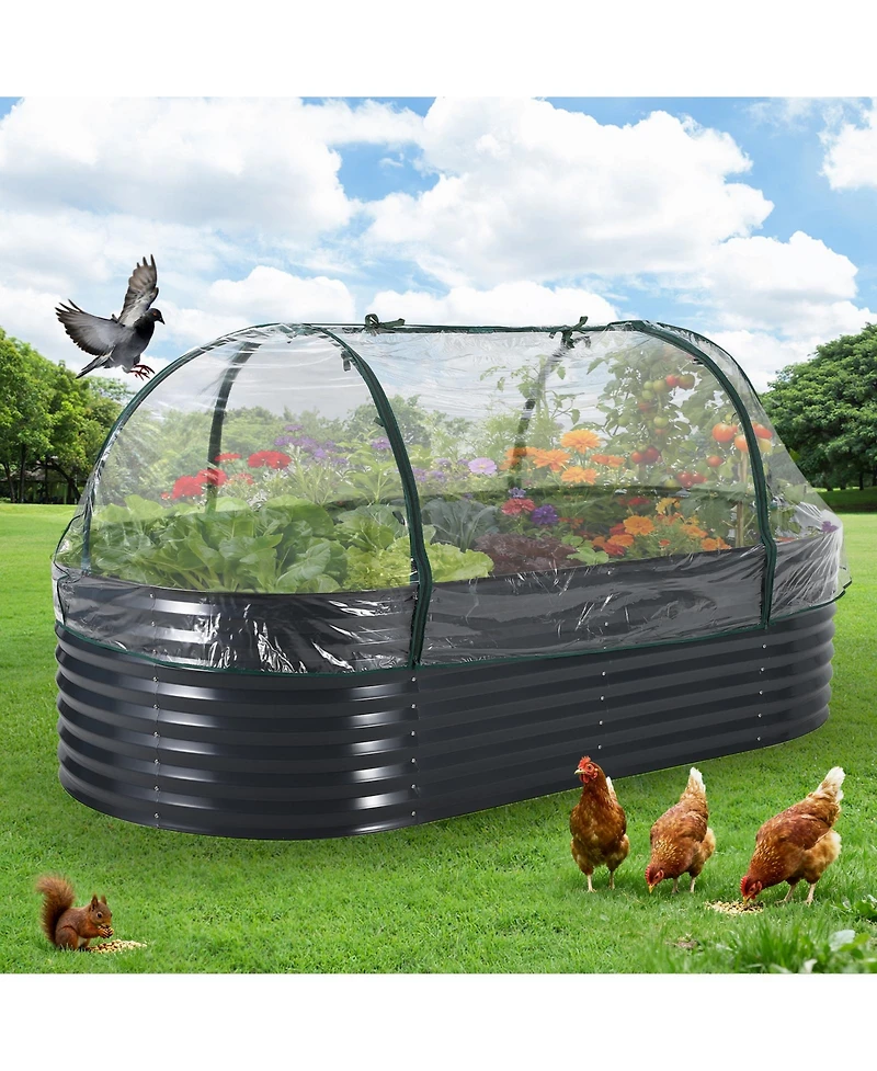 Oval Raised Garden Bed with Pvc Cover, Elevated Planter Box for Vegetables Herbs Patio Balcony, Green/Grey