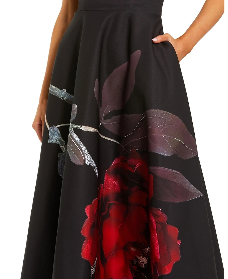 Mac Duggal Petite Strapless Crepe Floral Print A-Line Midi Dress with Pockets