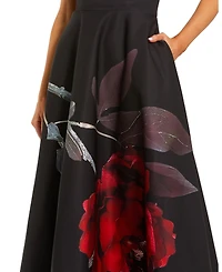 Mac Duggal Petite Strapless Crepe Floral Print A-Line Midi Dress with Pockets