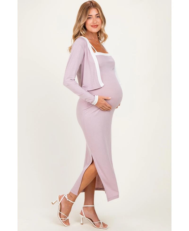 Pinkblush Women's Light Pink/ White Color Block Sleeveless Fitted Dress Cardigan Set