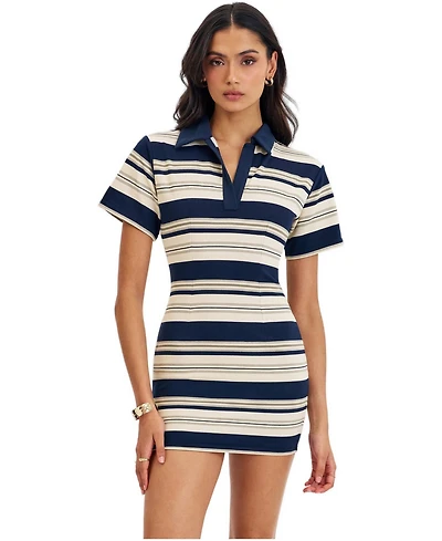 Miss Circle Women's Whitley Navy and Ivory Pique Cotton Striped Collared Mini Dress