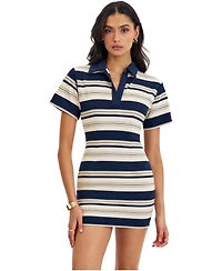 Miss Circle Women's Whitley Navy and Ivory Pique Cotton Striped Collared Mini Dress