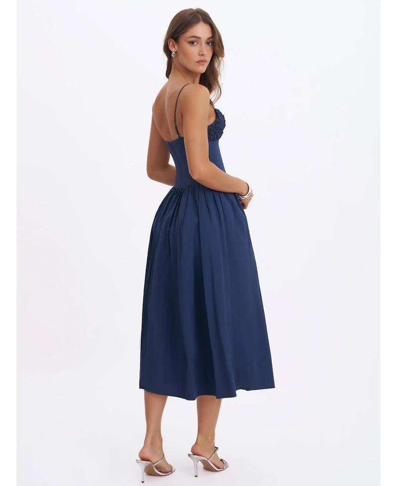 Miss Circle Women's Ailani Navy Taffeta Smocked Midi Dress
