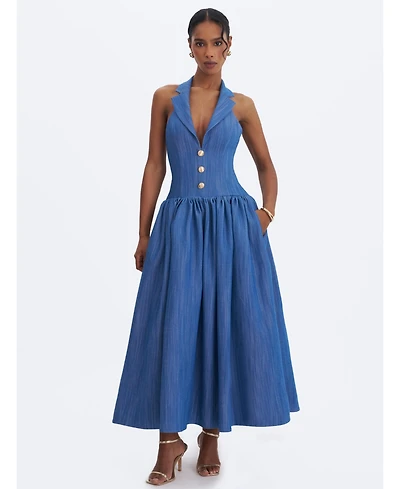 Miss Circle Women's Xyan Navy Denim Lapel Halter A-Line Midi Dress