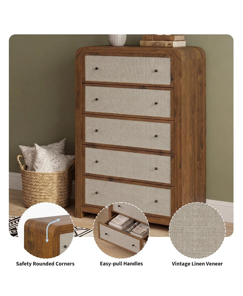 5 Tall Drawer Dresser for Bedroom, Modern Chest of Drawers, Linen Drawer Fronts, Anti-Tip Kit, Sturdy Storage Organizer for Living Room, Entryway
