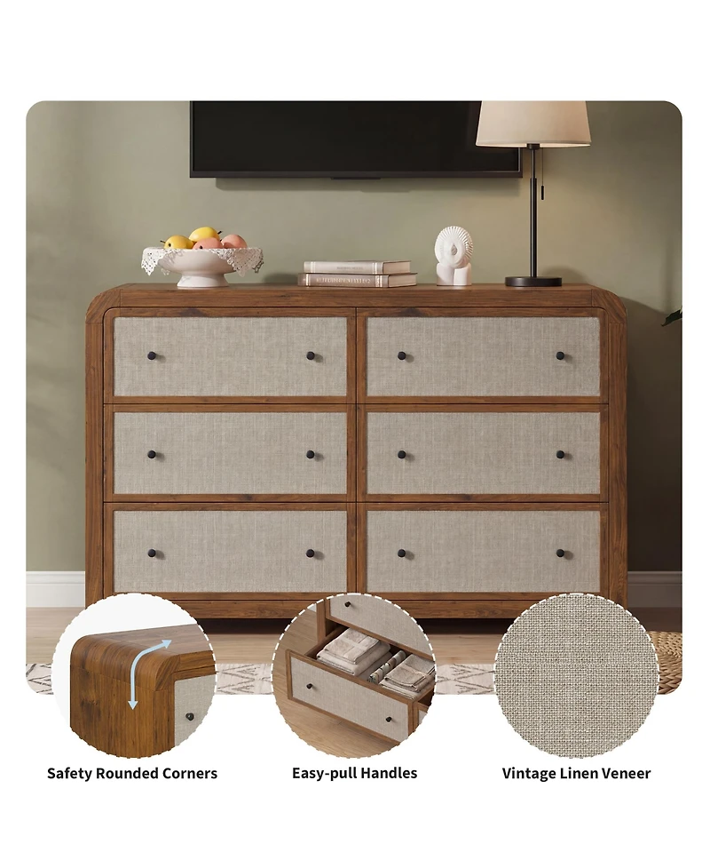 6 Drawer Bedroom Dresser, 49" Wide Modern Chest with Linen Drawer Fronts, Anti-Tip Kit, Sturdy Stable Storage Organizer for Living Room, Entryway