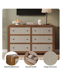 6 Drawer Bedroom Dresser, 49" Wide Modern Chest with Linen Drawer Fronts, Anti-Tip Kit, Sturdy Stable Storage Organizer for Living Room, Entryway