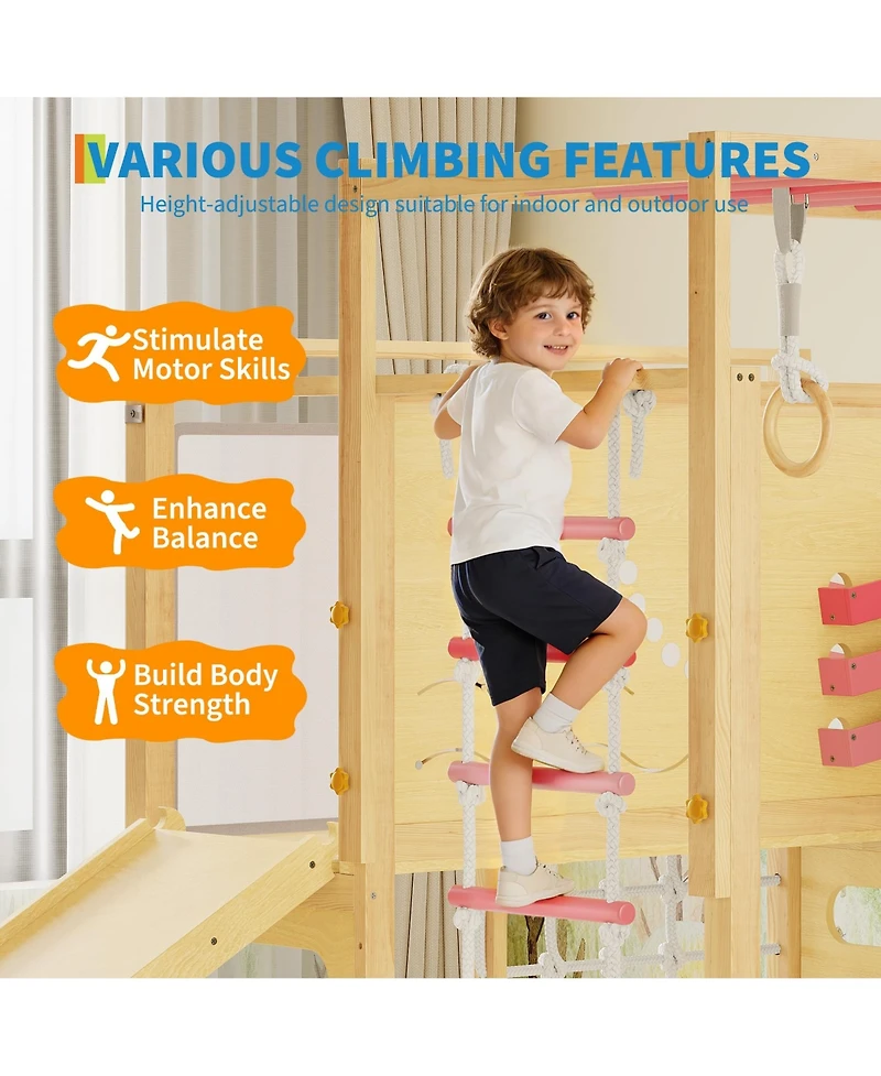 9-in-1 Indoor Jungle Gym, Wooden Playground for 2-8, Climbing Structure with Slide, Monkey Bars, Ladder, Rock Wall, Climbing Net, Rings