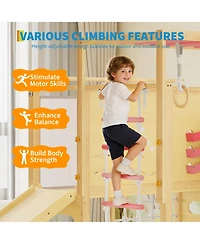 9-in-1 Indoor Jungle Gym, Wooden Playground for 2-8, Climbing Structure with Slide, Monkey Bars, Ladder, Rock Wall, Climbing Net, Rings