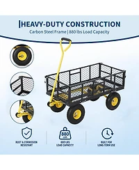 43x20x22 in Steel Garden Dump Cart, Yard Wagon with Removable Sides, 180 Degree Swivel Handle, 10 in Tires, for Backyard Patio, Green/Yellow