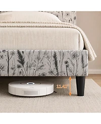 Queen/Full Upholstered Bed Frame with Floral Pattern Headboard, Flannel Fabric Engineered Wood Platform Bed for Bedroom