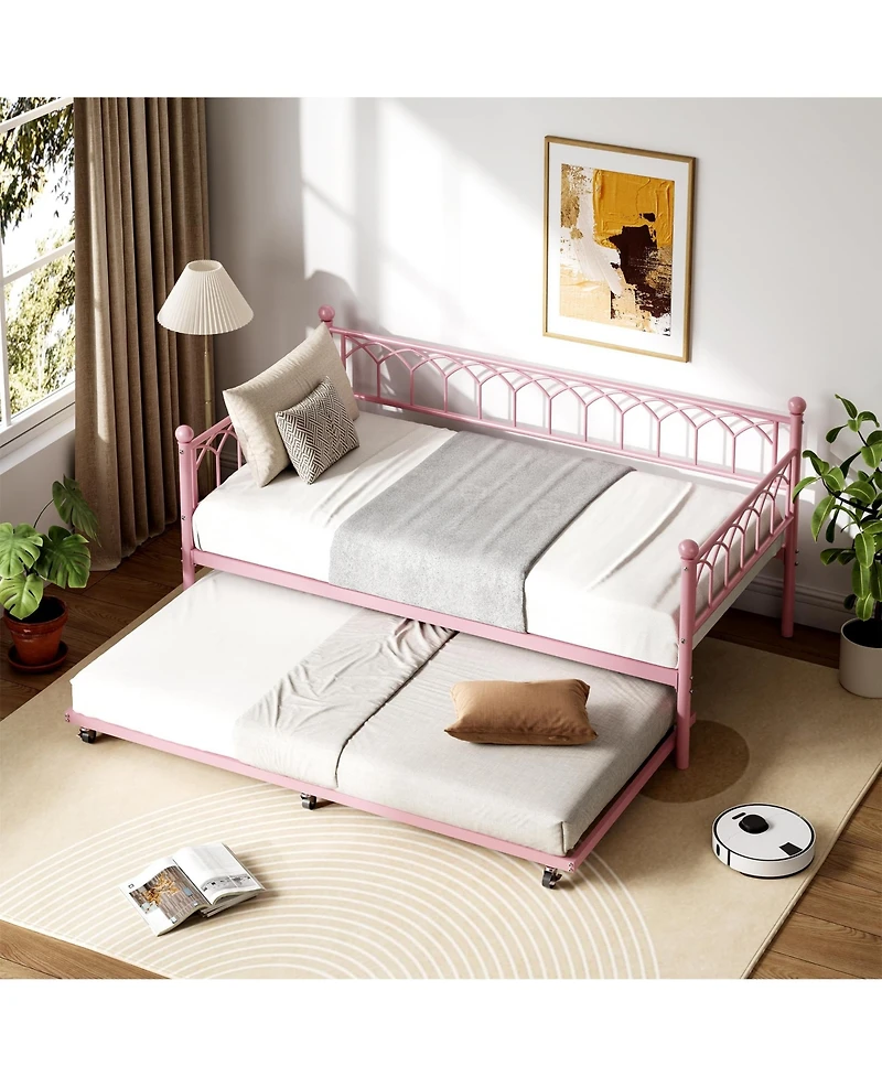 Twin Metal Sofa Bed with Pull Out Lower Bed, Led Light Daybed Frame for Kids Bedroom Living Room Guest Room, Pink/Black