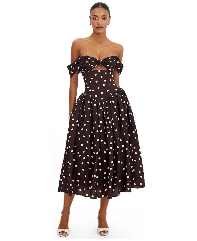Miss Circle Women's Xandie Mocha Polka Dot Off-Shoulder Midi Dress