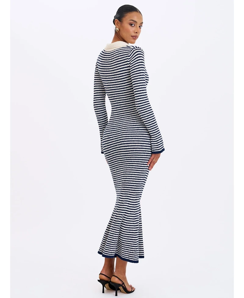 Miss Circle Women's Xelie Navy and White Cotton Terry Knit Mermaid Maxi Dress